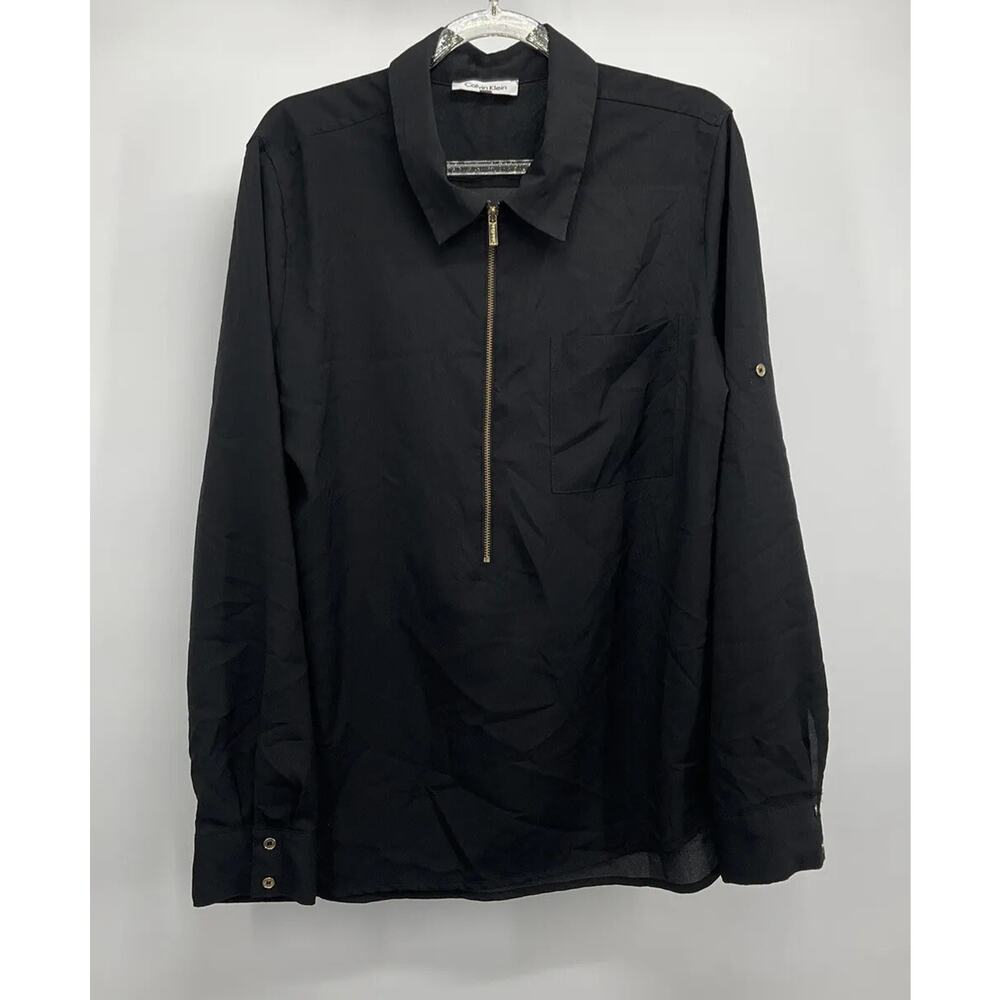 Calvin Klein Zip Front Roll Tab Sleeve Black Sheer Blouse M Popover Officecore